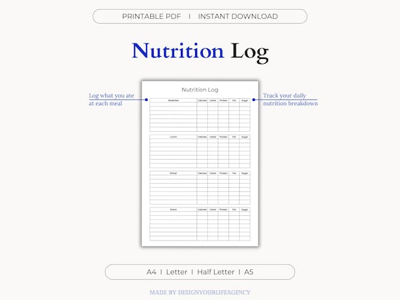 Nutrition Log Printable PDF: Daily Nutrition Tracker, Calorie Calculator, Healthy Meal Guide, Food Diary, Meal Tracker, Calorie Tracker
