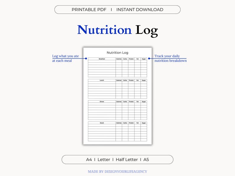 Printable Nutrition Log PDF designed for daily food tracking, calorie counting, and healthy meal planning. Ideal for individuals focused on wellness, diet, or weight loss goals. Includes sections for meals, snacks, calorie totals, and personal notes. Offered in A4, A5, Letter, and Half-Letter sizes for easy home printing. Clean and minimal layout suitable for beginners or health-conscious users. Great for meal prep, mindful eating, and tracking nutritional habits.