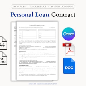 May include: A digital document titled "Personal Loan Contract" with a white background. The document includes fields for lender and borrower information. Icons for A4 and US Letter sizes, Canva, PDF, and DOC formats are also present.
