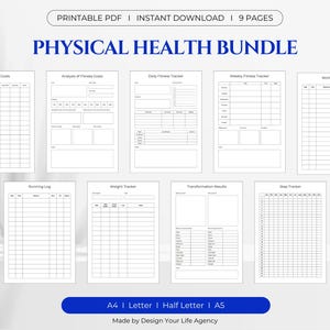Physical Health Bundle Printable PDF - Fitness Tracker Page, Workout Log, Weight Tracker Sheet, Step Tracker, Health Monitoring Template PDF