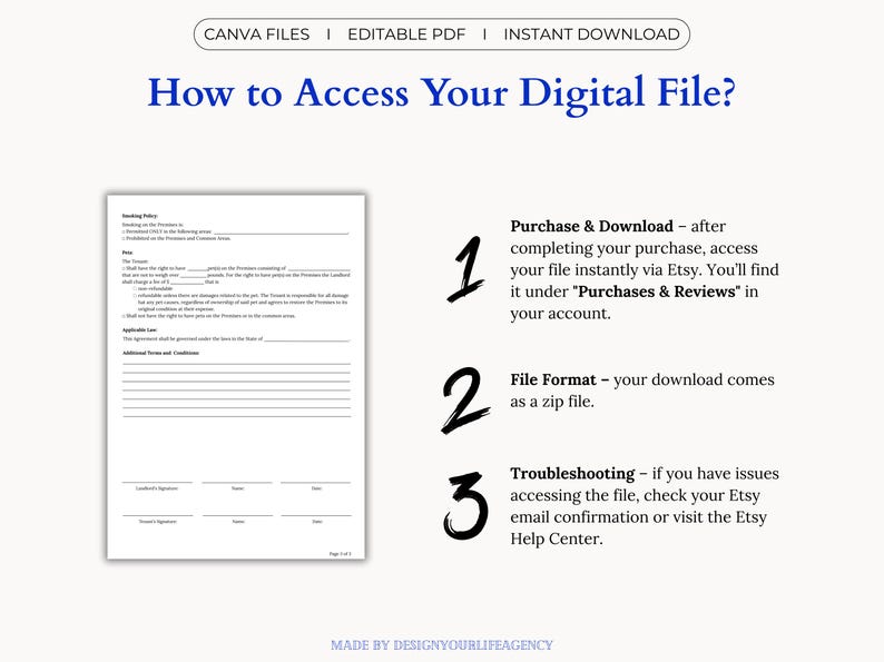 Editable Tenancy Agreement Template in Canva and PDF formats. Includes A4 and US Letter sizes for easy use worldwide. Customize text, fonts, and layout in Canva, or use the fillable PDF version to type directly into the contract. Ideal for landlords, property managers, or tenants who need a clear, professional rental contract. Printable, editable, and instantly downloadable—perfect for managing rental agreements quickly and efficiently.