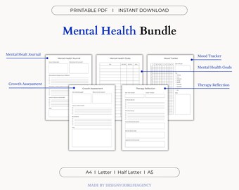 May include: Printable mental health journal bundle with pages for mood tracking, therapy reflection, growth assessment, and mental health goals. The bundle includes six pages in total.