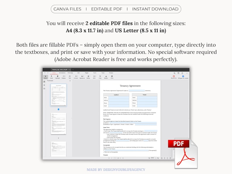 Editable Tenancy Agreement Template in Canva and PDF formats. Includes A4 and US Letter sizes for easy use worldwide. Customize text, fonts, and layout in Canva, or use the fillable PDF version to type directly into the contract. Ideal for landlords, property managers, or tenants who need a clear, professional rental contract. Printable, editable, and instantly downloadable—perfect for managing rental agreements quickly and efficiently.