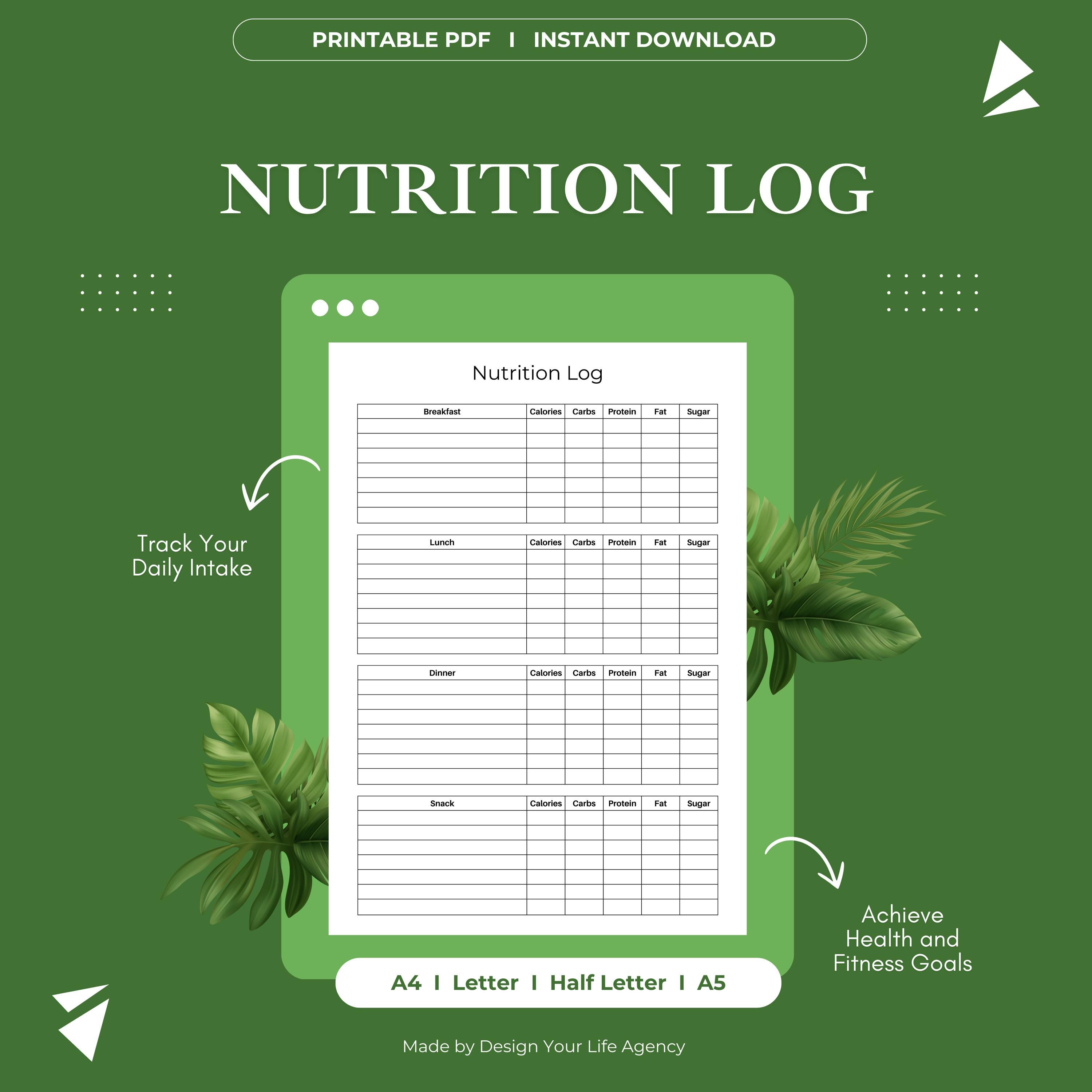 Nutrition Log Printable PDF: Food Diary, Calorie Tracker, Meal Planner ...