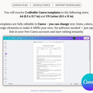 Personal Loan Contract template for lending money between individuals. Editable and professional agreement for personal loans, family loans, or private lending. Includes Canva template, fillable and printable PDF, and Google Docs formats. Designed to clearly outline loan amount, repayment schedule, interest terms, late fees, and governing law. Available in A4 and US Letter sizes. Ideal for lenders and borrowers seeking a simple, legally structured loan agreement.