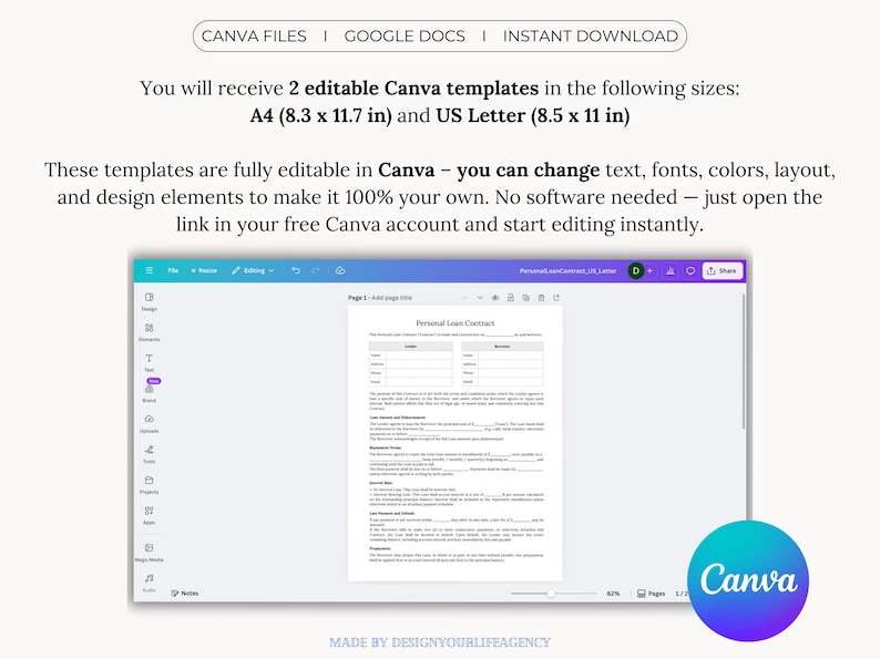 Personal Loan Contract template for lending money between individuals. Editable and professional agreement for personal loans, family loans, or private lending. Includes Canva template, fillable and printable PDF, and Google Docs formats. Designed to clearly outline loan amount, repayment schedule, interest terms, late fees, and governing law. Available in A4 and US Letter sizes. Ideal for lenders and borrowers seeking a simple, legally structured loan agreement.