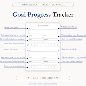 May include: Printable goal progress tracker with two sections for defining goals, tracking progress, and noting when the goal is completed. Each section includes fields for goal name, start date, reward, target date, completed on, and a progress bar.