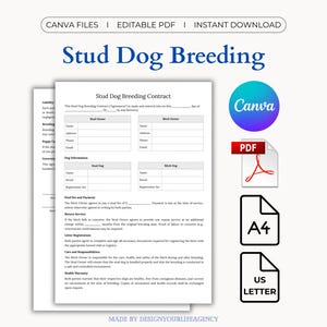 May include: A white document titled "Stud Dog Breeding Contract" with fillable fields for stud and bitch owner information. The document is accompanied by Canva, PDF, A4, and US Letter icons, indicating digital file availability.