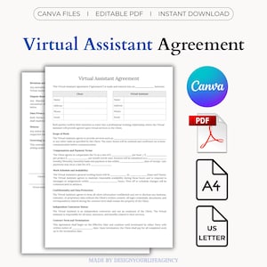 May include: A white document titled "Virtual Assistant Agreement" with the text "CANVA FILES | EDITABLE PDF | INSTANT DOWNLOAD". Includes Canva, PDF, A4, and US LETTER icons. The document is designed for virtual assistant services.