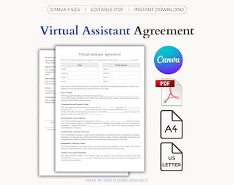Dienstvertrag für Virtueller Assistenten: Vorlage für eine VA-Vereinbarung, Freelancer-Service-Level, Support-Contact (Canva, ausfüllbares PDF)