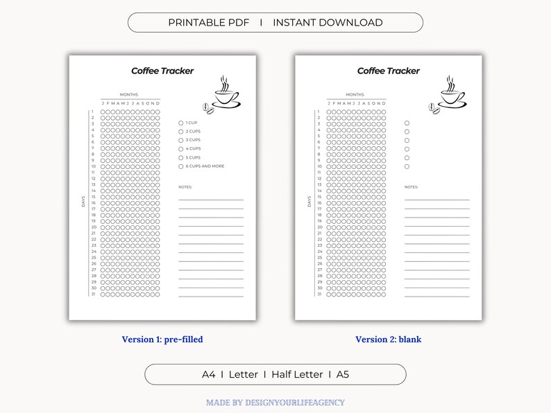 Coffee Tracker Printable PDF: Caffeine Log, Daily Brew Journal, Brewing ...