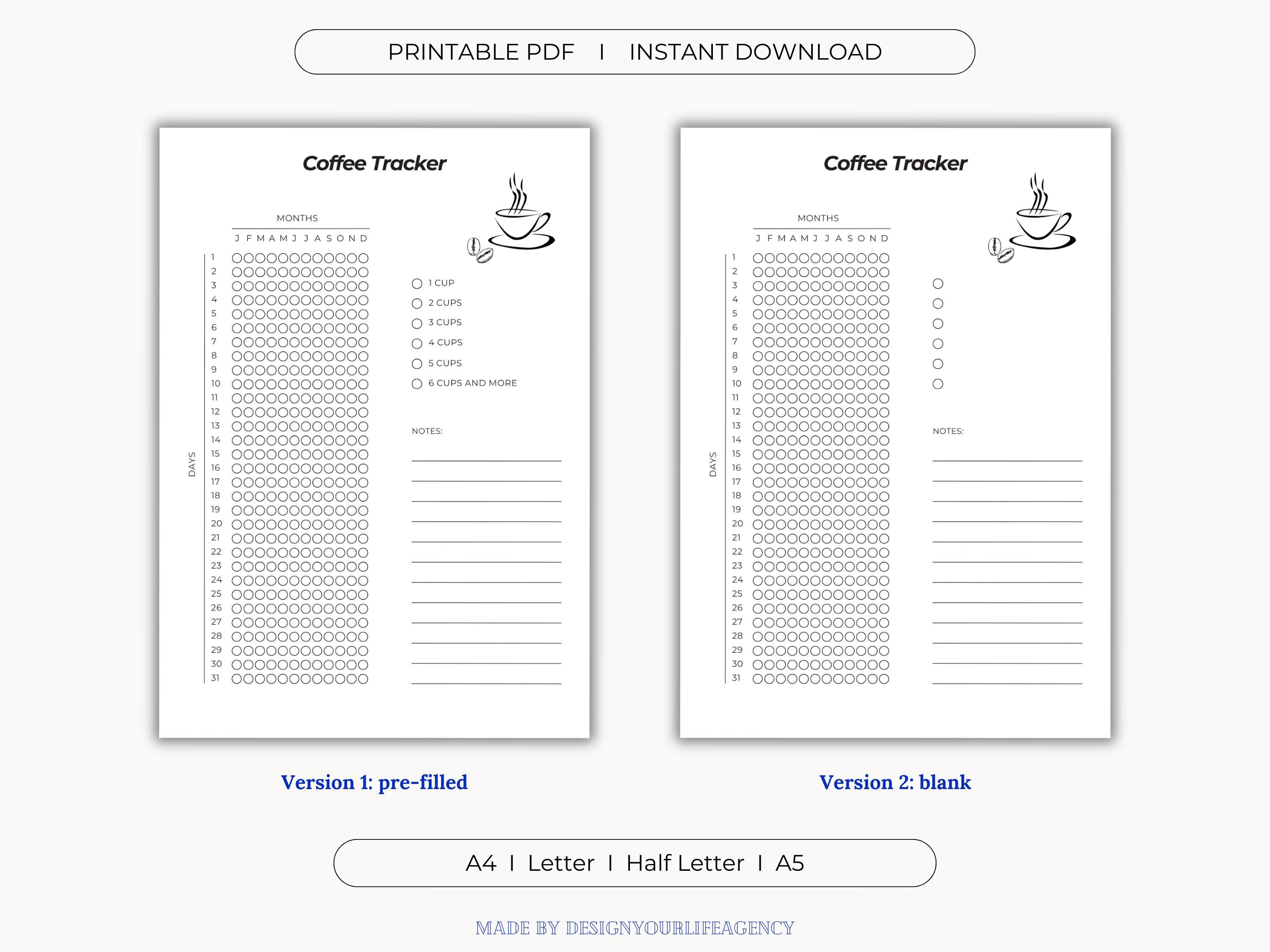 Coffee Tracker Printable PDF: Caffeine Log, Daily Brew Journal, Brewing ...