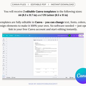 Editable Tenancy Agreement Template in Canva and PDF formats. Includes A4 and US Letter sizes for easy use worldwide. Customize text, fonts, and layout in Canva, or use the fillable PDF version to type directly into the contract. Ideal for landlords, property managers, or tenants who need a clear, professional rental contract. Printable, editable, and instantly downloadable—perfect for managing rental agreements quickly and efficiently.