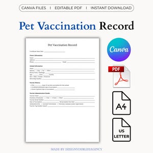 Könnte beinhalten: Eine druckbare, weiße Vorlage für einen "Pet Vaccination Record" mit ausfüllbaren Feldern. Das Bild enthält ein Canva-Logo, ein PDF-Symbol sowie A4- und US-Letter-Optionen. Der Text oben lautet "CANVA FILES | EDITABLE PDF | INSTANT DOWNLOAD".