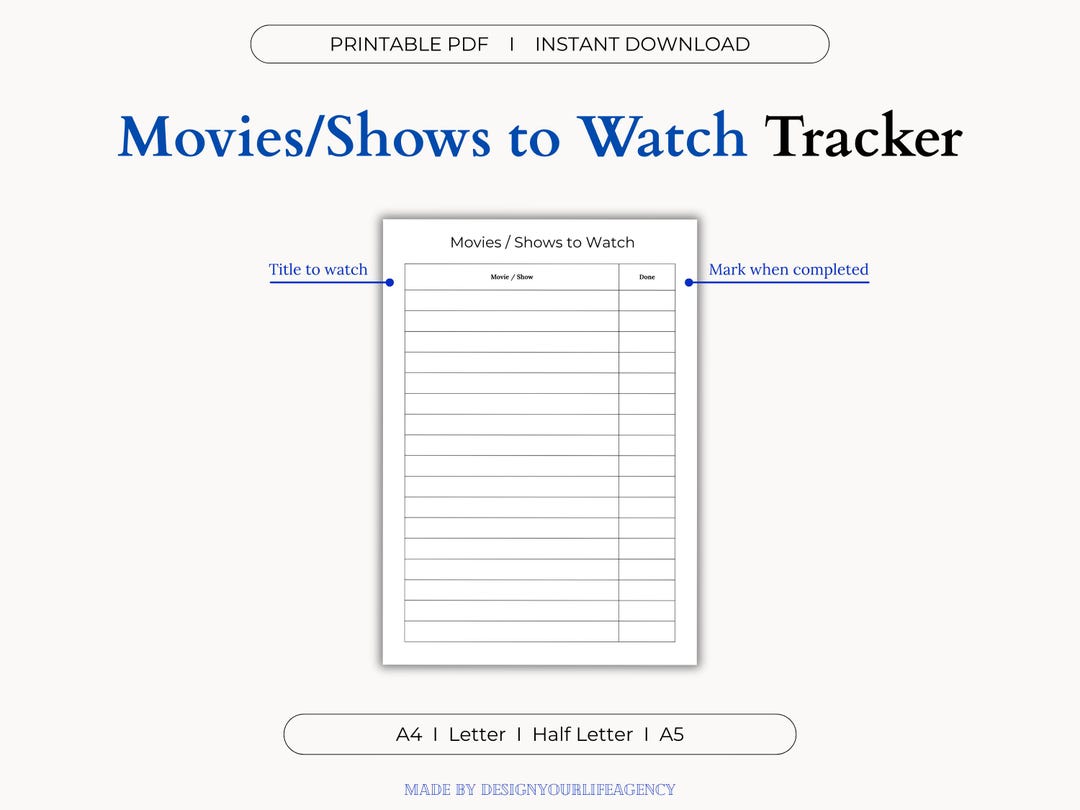 Movies and Shows Watchlist Tracker Printable PDF: Entertainment Log ...