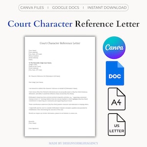 以下が含まれることがあります： 裁判所の人格参照レターのデジタルテンプレート。 ドキュメントは白地に黒いテキストで、Canvaのロゴ、DOCアイコン、A4およびUSレターサイズのオプションが含まれています。 タイトルは青色です。