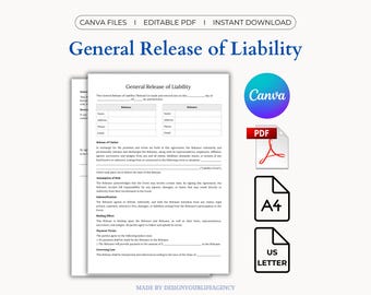 General Release of Liability Template: Liability Waiver Form, Release of All Claims Agreement, Legal Waiver of Rights (PDF, Canva)