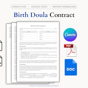 May include: A digital Birth Doula Contract template with the text "Birth Doula Contract" in blue. The image includes icons for Canva, PDF, and DOC formats, along with A4 and US Letter size options. The design is by DesignYourLifeAgency.
