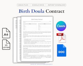 Birth Doula Agreement: Doula Handout Contract, Prenatal Support Expectations, Postpartum Doula Support Form (PDF, Canva, Google Docs)