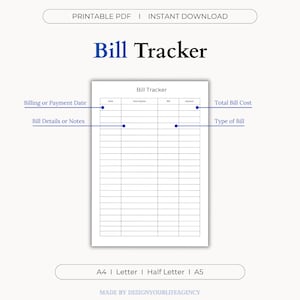 Bill Tracker Printable: Finance Organizer & Payment Log (A4/A5/Letter Sizes)(Digital Download