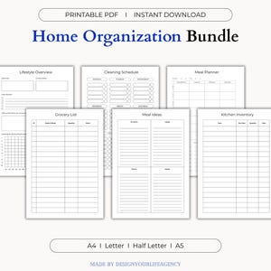 May include: A set of printable home organisation templates. The image shows a "Home Organization Bundle" with templates for lifestyle overview, cleaning schedule, meal planner, grocery list, meal ideas, and kitchen inventory. Text includes "Printable PDF" and "Instant Download."