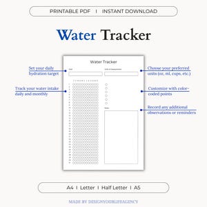 Water Tracker Printable PDF - Water Consumption Journal, Daily Intake Journal, Hydration Tracker, Daily Hydration Log (Customizable Units)