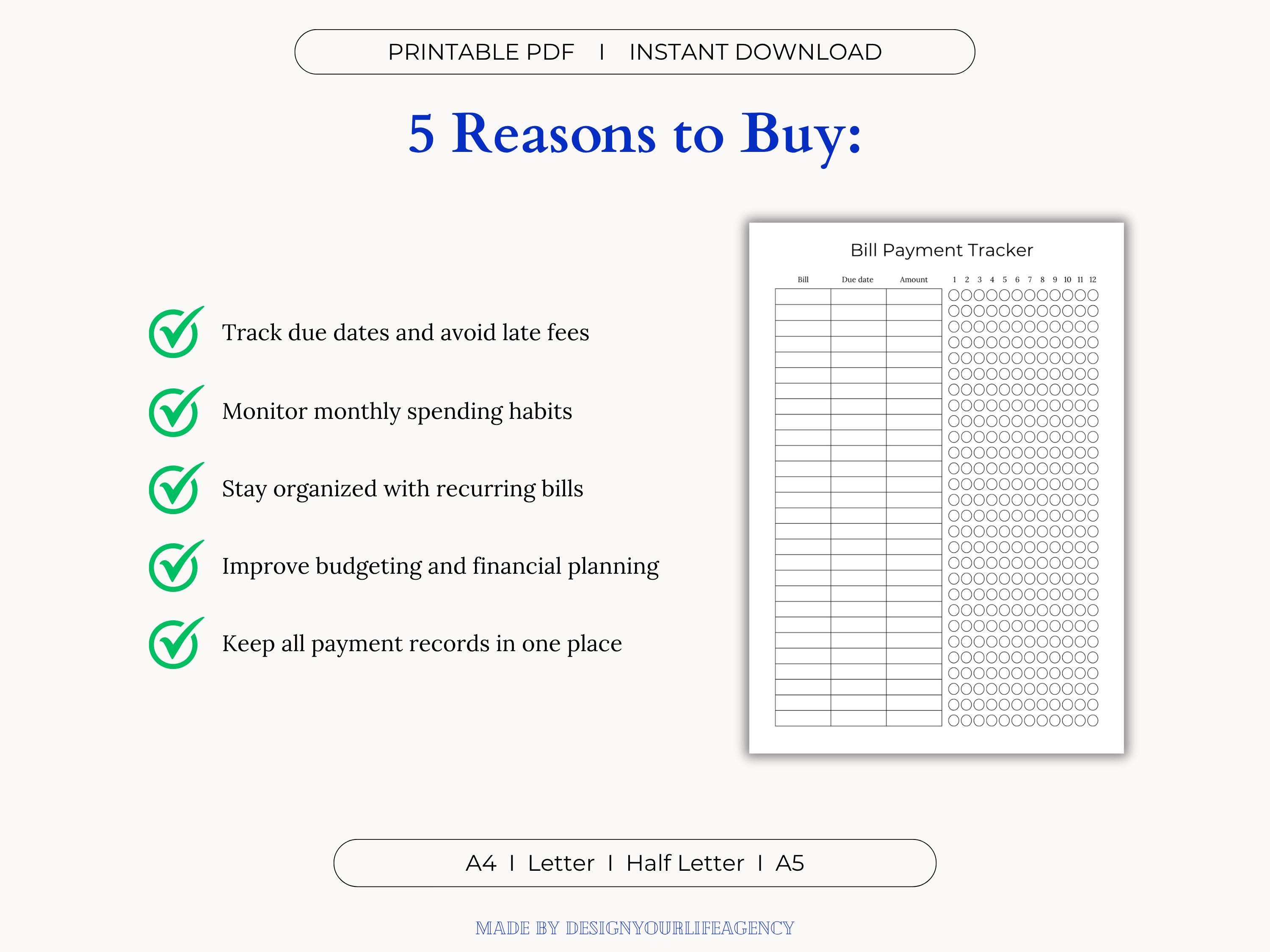 Bill Payment Tracker Printable PDF: Monthly Bill Organizer, Financial ...