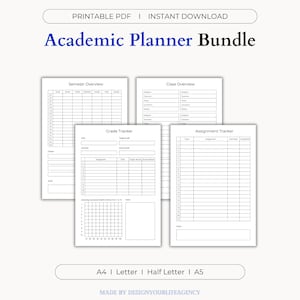 アカデミックプランナーバンドルPDF - 印刷可能な学生用オーガナイザー、学期プランナー、学校プランナーPDF、学期オーガナイザー、課題トラッカーページ