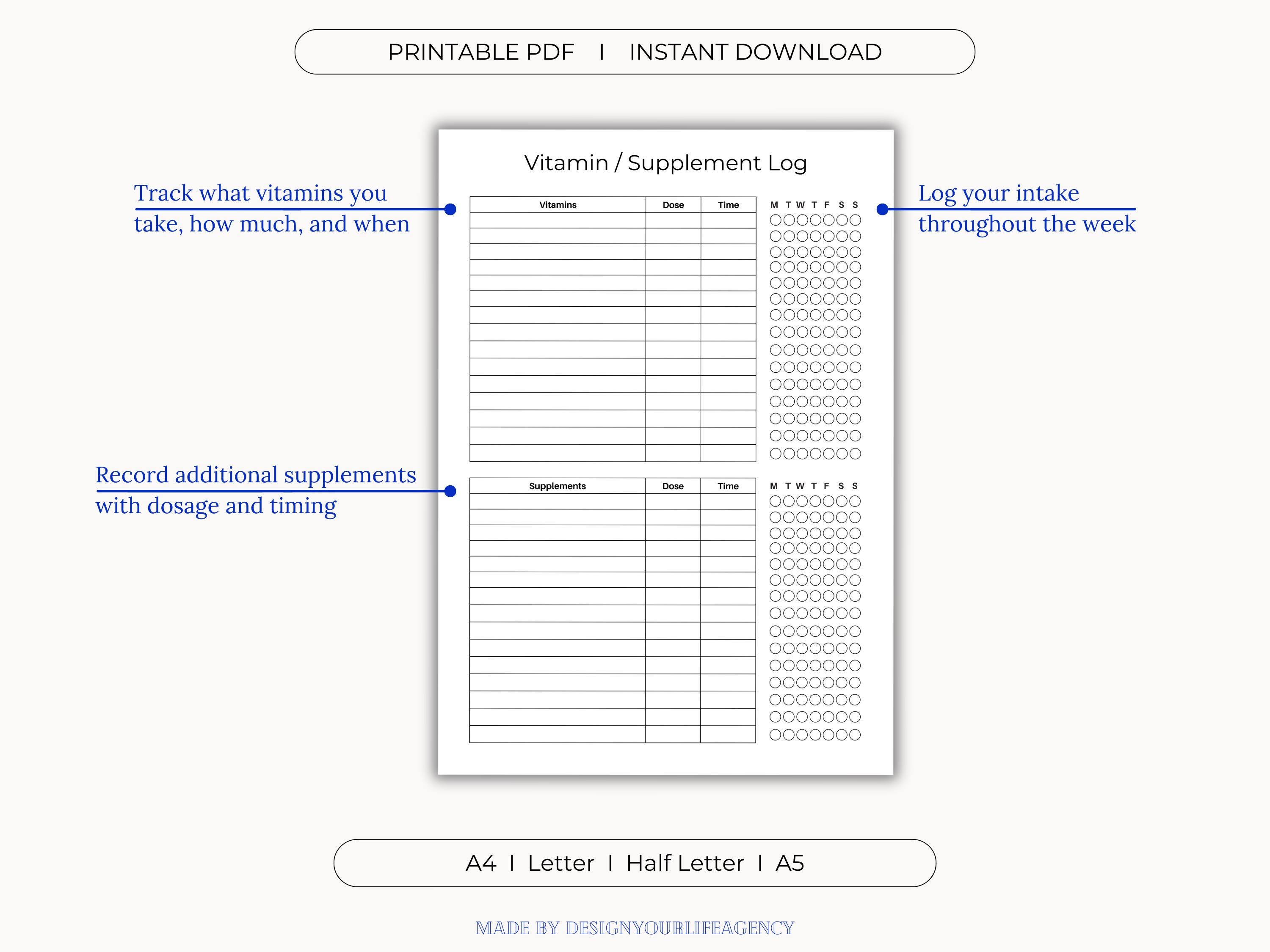 Supplement Sheet.pdf Vitamin and Supplement Tracker Printable PDF: Daily Medication Log ...