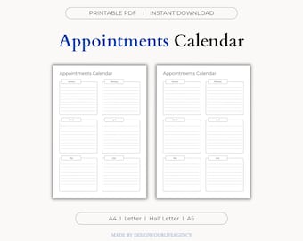 Calendario de citas imprimible en PDF: Planificador anual, Programación anual, Impresión de calendario digital, Reservas diarias y semanales para clientes.