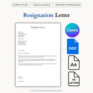 Könnte beinhalten: Eine weiße Vorlage für ein Kündigungsschreiben mit einem blauen und türkisfarbenen Canva-Logo, einem blauen DOC-Symbol und A4- und US-Letter-Symbolen. Der Text "Resignation Letter" ist in Dunkelblau gehalten. Sofortiger Download.