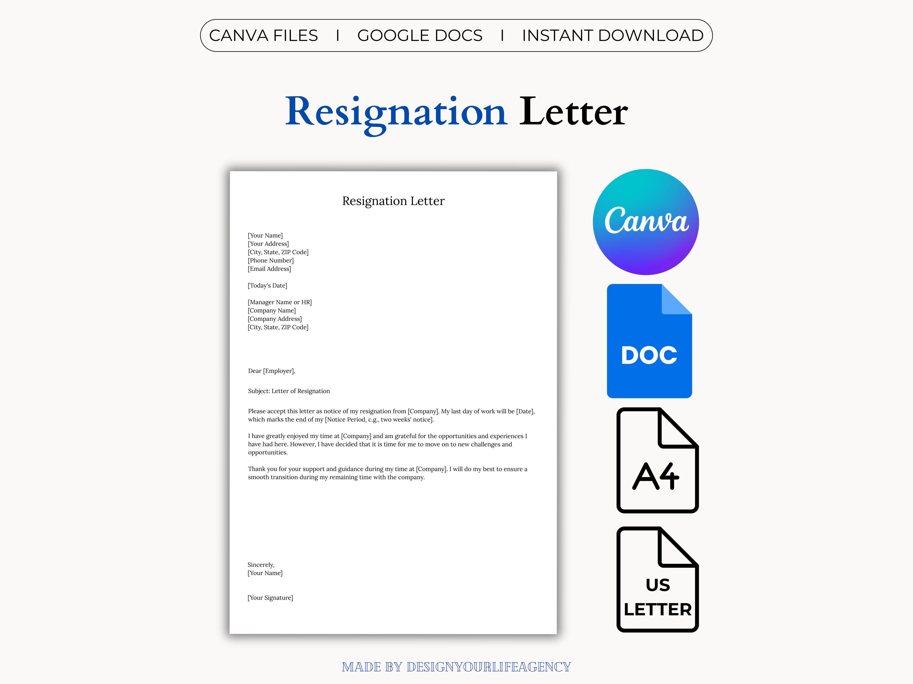 Resignation Letter Form - Editable Template for Employees (google Docs ...