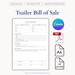 May include: A white document titled "Trailer Bill of Sale" with fillable fields for seller and buyer information. Includes icons for Canva, PDF, A4, and US Letter formats. Text at the top reads "CANVA FILES | EDITABLE PDF | INSTANT DOWNLOAD".
