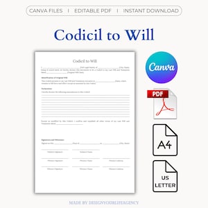 Könnte beinhalten: Ein weißes Dokument mit dem Titel "Zusatz zum Testament" mit Textfeldern für rechtliche Informationen. Das Bild enthält Canva-, PDF-, A4- und US-Letter-Symbole. Das Dokument ist sofort herunterladbar und bearbeitbar.