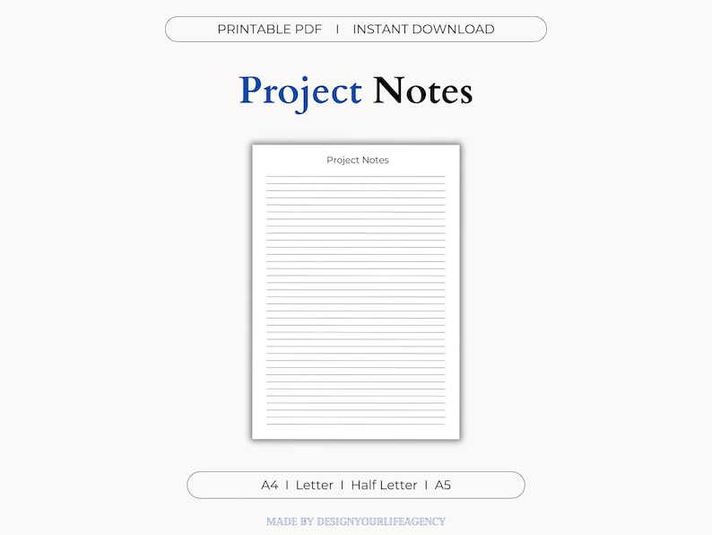 Project Notes Printable PDF: Task Organizer Template, Custom Notebook ...