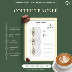 Può includere: Un tracker di caffè stampabile con sfondo beige e testo nero. Il tracker ha una griglia per tracciare l'assunzione giornaliera di caffè per ogni mese dell'anno. Il tracker include anche una sezione per le note. L'immagine include una grafica di una tazza di caffè e una grafica di un chicco di caffè.