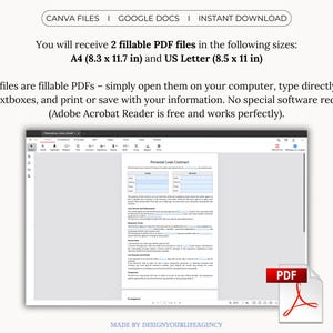 Personal Loan Contract template for lending money between individuals. Editable and professional agreement for personal loans, family loans, or private lending. Includes Canva template, fillable and printable PDF, and Google Docs formats. Designed to clearly outline loan amount, repayment schedule, interest terms, late fees, and governing law. Available in A4 and US Letter sizes. Ideal for lenders and borrowers seeking a simple, legally structured loan agreement.