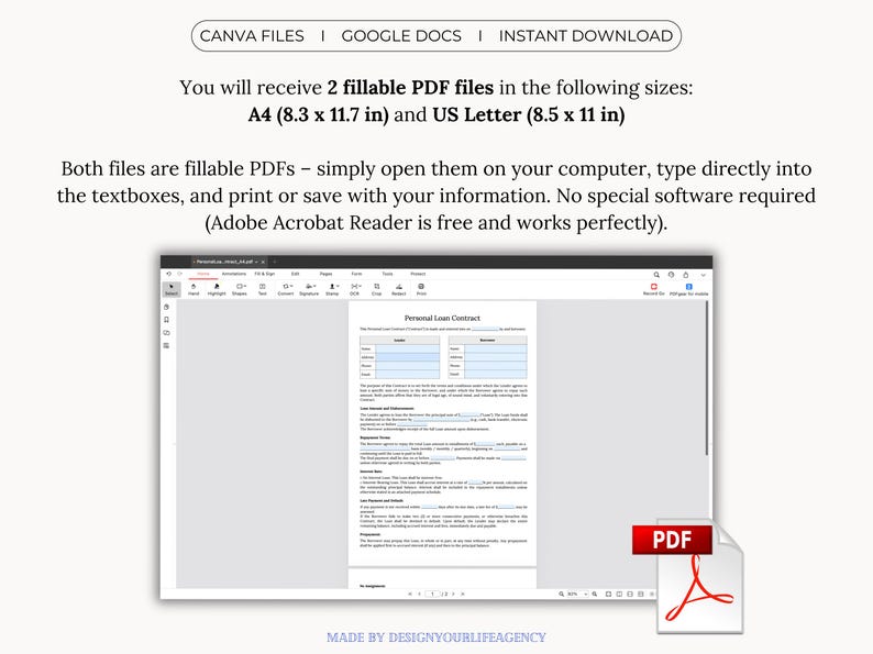 Personal Loan Contract template for lending money between individuals. Editable and professional agreement for personal loans, family loans, or private lending. Includes Canva template, fillable and printable PDF, and Google Docs formats. Designed to clearly outline loan amount, repayment schedule, interest terms, late fees, and governing law. Available in A4 and US Letter sizes. Ideal for lenders and borrowers seeking a simple, legally structured loan agreement.