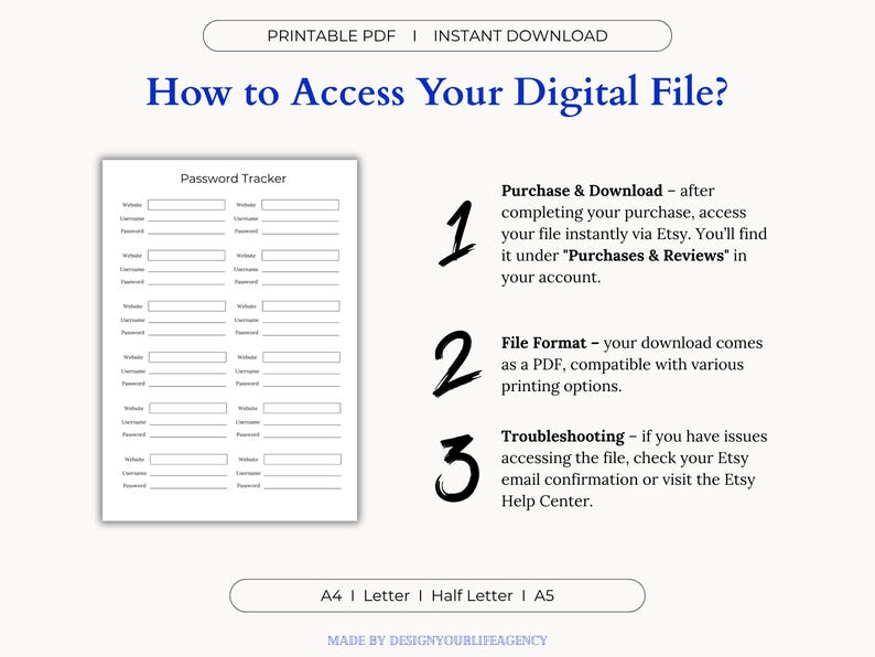 Password Tracker Printable PDF: Secure Login Organizer, Internet ...