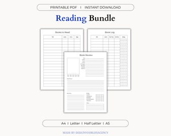 Reading Journal Bundle Printable PDF: Ultimate Book Tracker, Reading Log and Review Sheet, Book Club Discussion Guide, Library Organizer