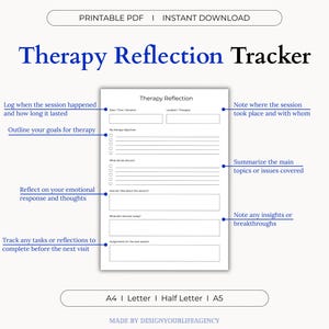 May include: A printable PDF therapy reflection tracker with prompts to log session details, goals, emotional responses, and tasks. The design includes the text "Therapy Reflection Tracker" in a dark blue font, with options for A4, Letter, Half Letter, and A5 sizes.