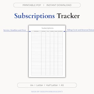 Subscriptions Tracker Printable PDF - Track Monthly and Annual Bills, Auto Renew Reminder Page, Budget and Expense Planner Sheet