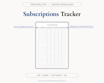 Subscription Tracker Printable PDF: Monthly Bill Payment Organizer, Recurring Expense Log, Monthly Bill Tracker, Streaming Service Audit