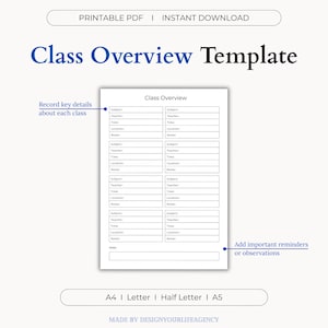 May include: Printable class overview template in black and white. The template has columns for subject, teacher, time, location, and notes. The text "Class Overview" is at the top of the template. The text "Record key details about each class" is on the left side of the template. The text "Add important reminders or observations" is on the right side of the template. The text "A4 | Letter | Half Letter | A5" is at the bottom of the template. The text "MADE BY DESIGNYOURLIFEAGENCY" is at the bottom of the template.