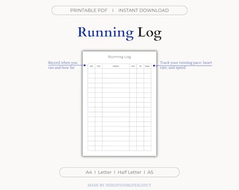 May include: Printable running log template in black and white. The template has columns for date, time, distance, pace, heart rate, and speed. The text "Running Log" is at the top of the template. The text "Record when you ran and how far" is on the left side of the template. The text "Track your running pace, heart rate, and speed" is on the right side of the template. The text "A4 | Letter | Half Letter | A5" is at the bottom of the template. The text "MADE BY DESIGNYOURLIFEAGENCY" is at the bottom of the template.