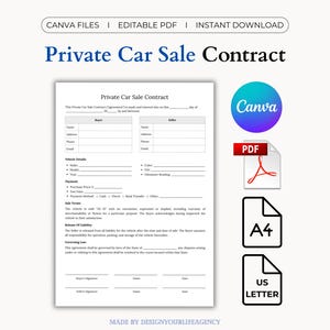 以下が含まれることがあります： 「Private Car Sale Contract」と題された白い書類で、買い手と売り手の情報を入力できるフィールドがあります。Canva、PDF、A4、US Letter形式のアイコンが含まれています。上部のテキストは「CANVA FILES | EDITABLE PDF | INSTANT DOWNLOAD」と書かれています。