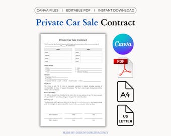 Private Car Sale Contract: Vehicle Purchase Agreement, Auto Bill Template, Legal Document (PDF, Canva)