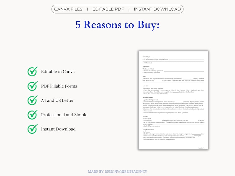 Editable Tenancy Agreement Template in Canva and PDF formats. Includes A4 and US Letter sizes for easy use worldwide. Customize text, fonts, and layout in Canva, or use the fillable PDF version to type directly into the contract. Ideal for landlords, property managers, or tenants who need a clear, professional rental contract. Printable, editable, and instantly downloadable—perfect for managing rental agreements quickly and efficiently.