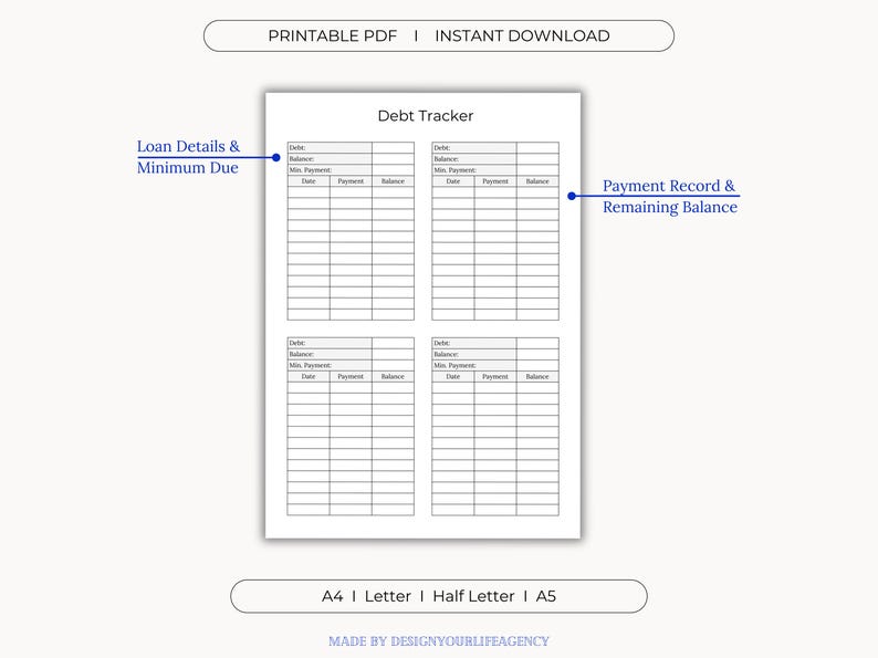 Debt Tracking System Debt Tracker Printable PDF: Balance Sheet, Budget Binder, Debt Snowball ...
