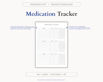 Registro de medicamentos imprimible en PDF: recordatorio diario de pastillas, registro de recetas, horario de medicamentos, tabla semanal de pastillas para personas mayores y niños.